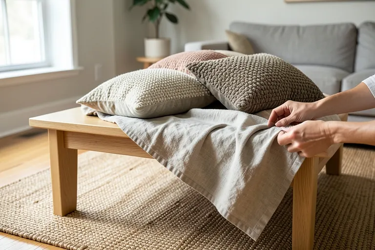 A coffee table styled with a woven rug, linen throw, and assorted textured pillows.