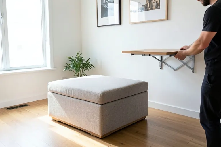 A compact living area featuring a storage ottoman and a wall‑mounted fold‑down desk.