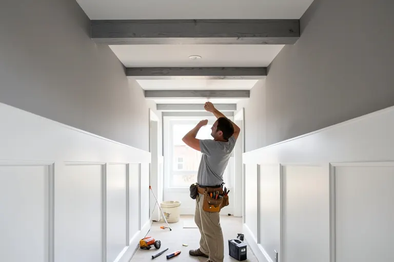 A hallway with white wainscoting and a faux wood beam wrap painted gray.