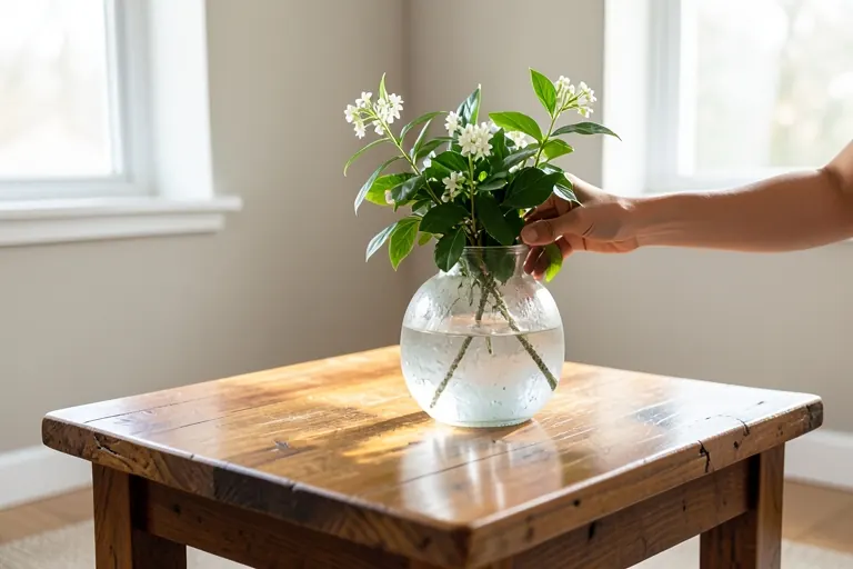 A coffee table made from reclaimed wood paired with a recycled glass vase.