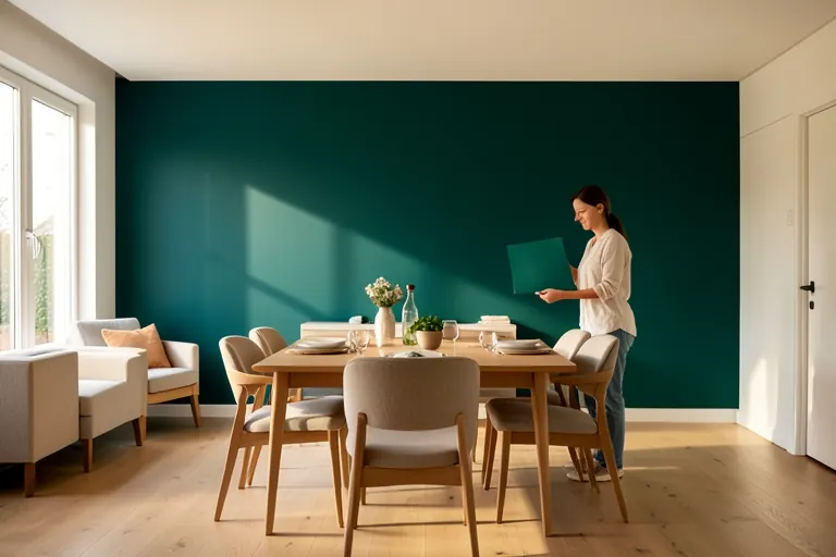 An open‑plan living area with a deep teal accent wall behind the dining table.