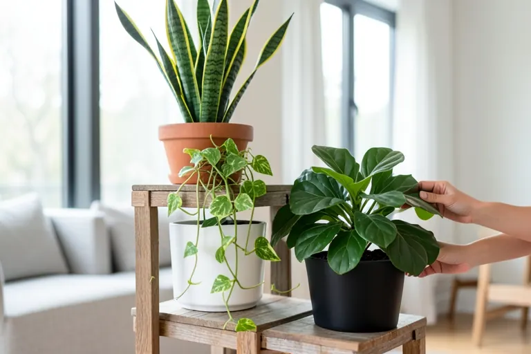 A grouping of snake plant, pothos, and a fiddle‑leaf fig on a tiered plant stand.