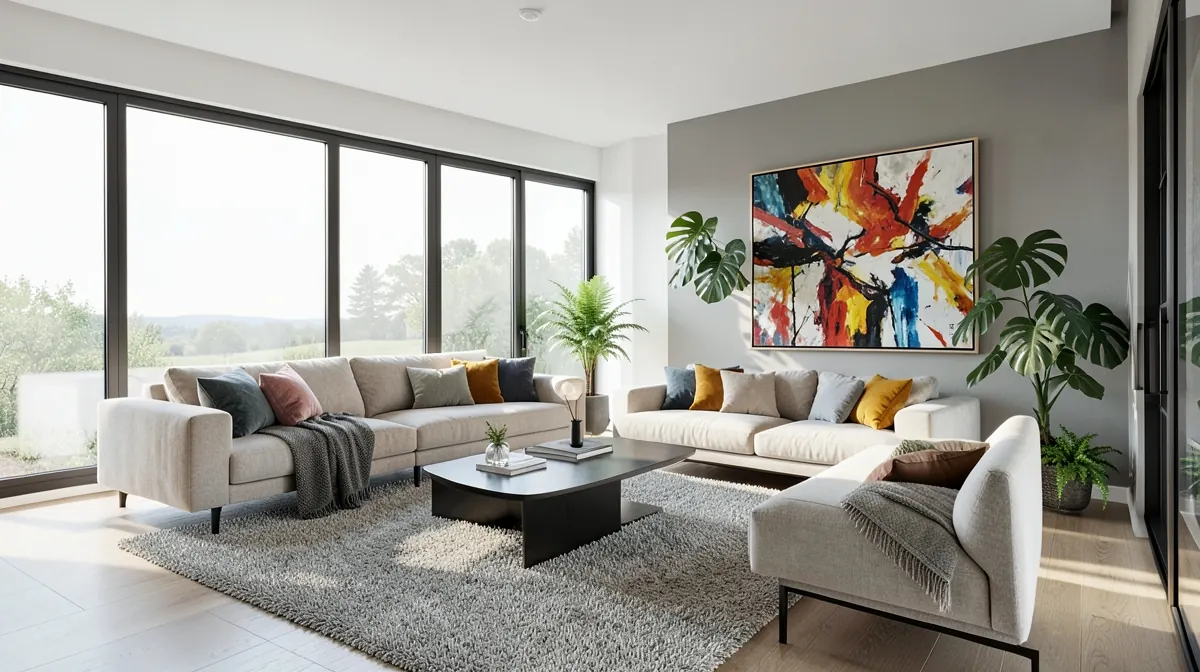 A bright, modern living room with layered textures, a statement artwork, and a touch of greenery, captured from a wide angle.