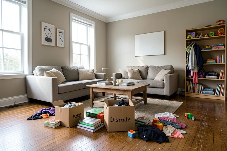 Homeowner sorting items into keep, donate, and discard piles on a living room floor.