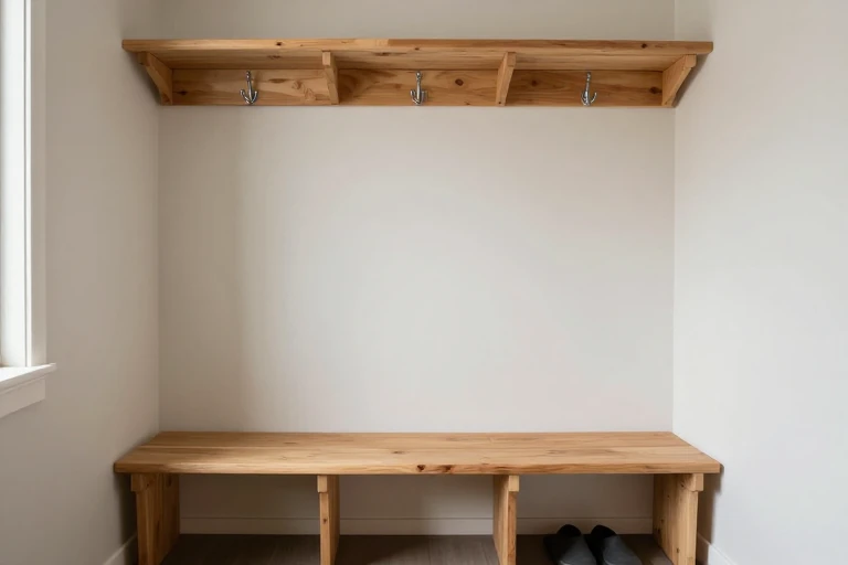 Mudroom bench with cubbies, coat hooks, and a shoe tray.