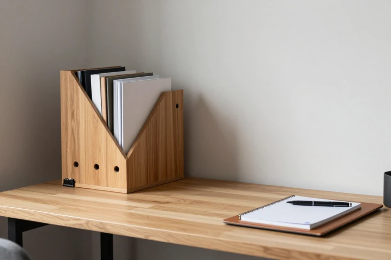 Home office desk with cable clips, vertical file holder, and tray.