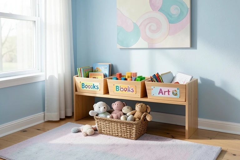 Children’s bedroom with low bins, color‑coded labels, and decorative baskets.