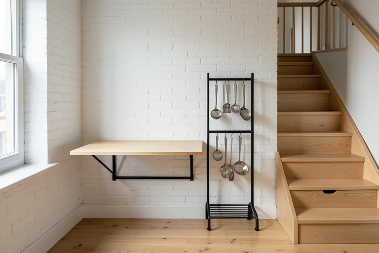Compact studio with fold‑down table and wall‑mounted rack.