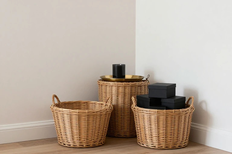 Living room with woven baskets, decorative boxes, and a tray.