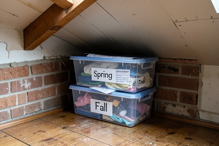 Attic storage with labeled clear bins for seasonal items.