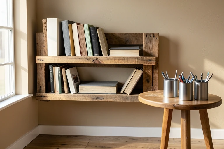 Living room with pallet shelf and painted metal can storage.