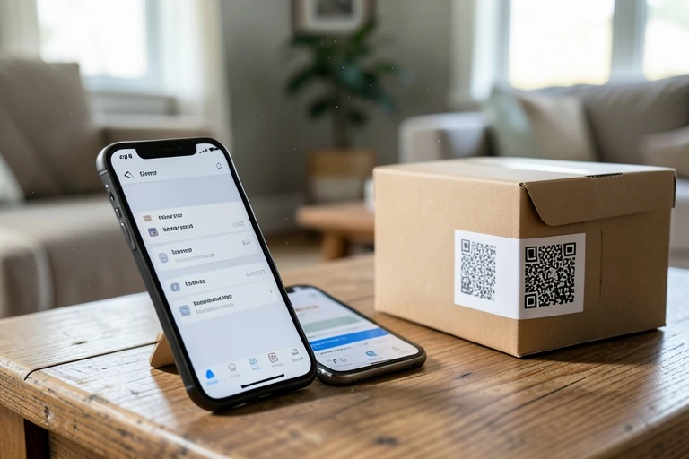 Smartphone displaying a home inventory app with QR code scanning.