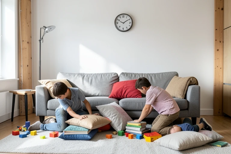 Family tidying a living room together for ten minutes.