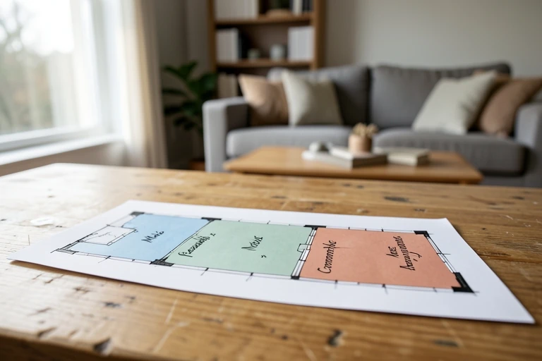 Floor plan sketch showing living room zones for media, reading, and conversation.