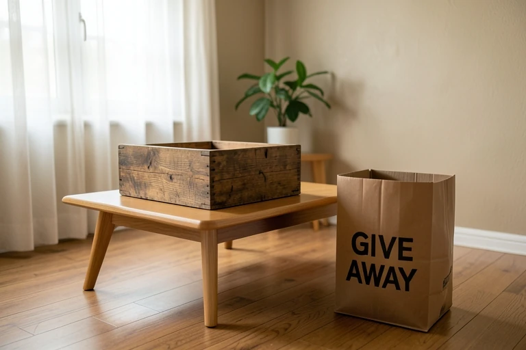 Reclaimed wood storage box with a donation bin nearby.