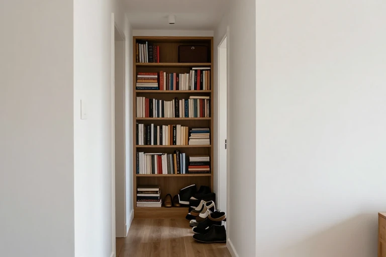 Cluttered shelf with items spilling over and a blocked hallway.