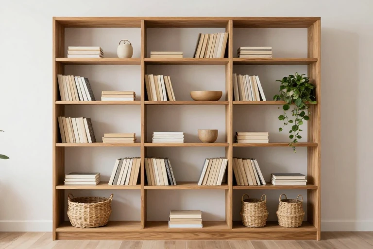 Tall wall‑mounted shelving unit filled with books, baskets, and plants.