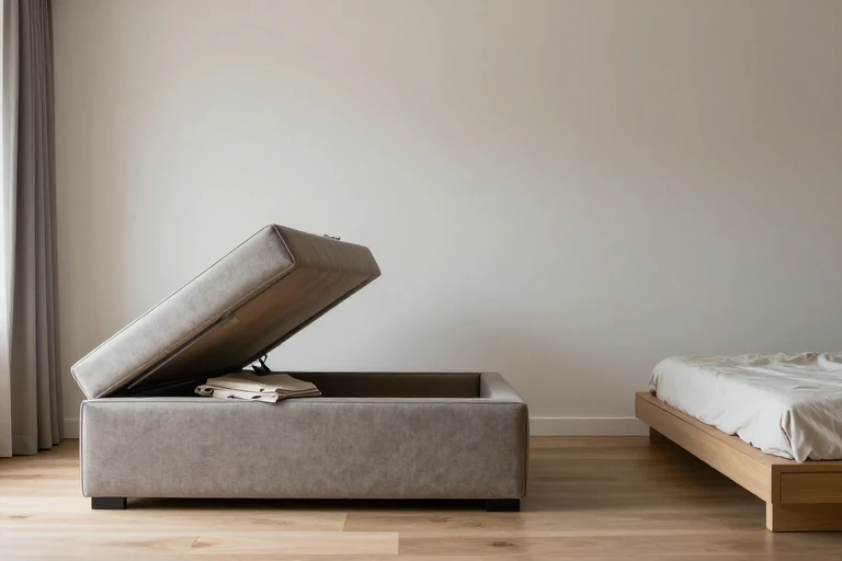 Living room with a storage ottoman and a bed with drawer compartments.