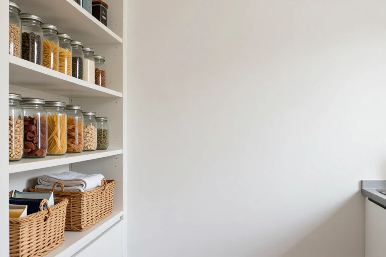 Pantry shelves with clear jars and woven baskets side by side.