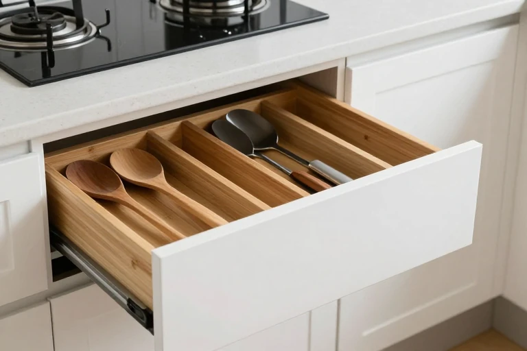 Kitchen drawer with wooden dividers holding utensils and gadgets.