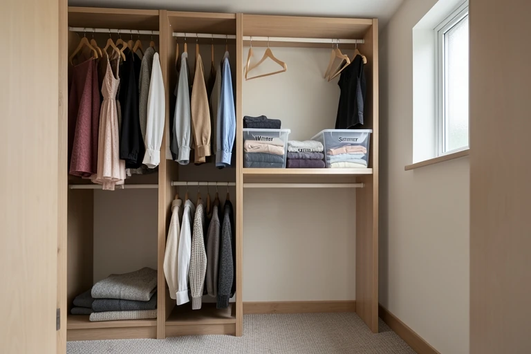 Closet with double hanging rods, shelf rods, and labeled storage bins.
