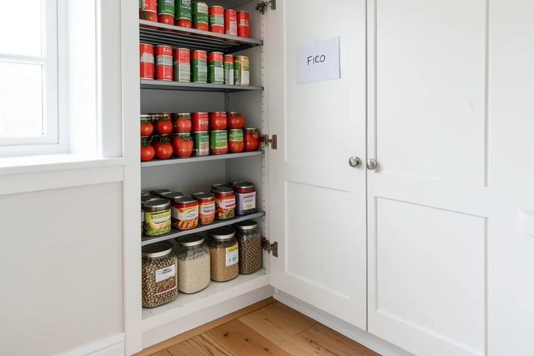 Pantry with clear jars, tiered shelves, and FIFO arrangement.