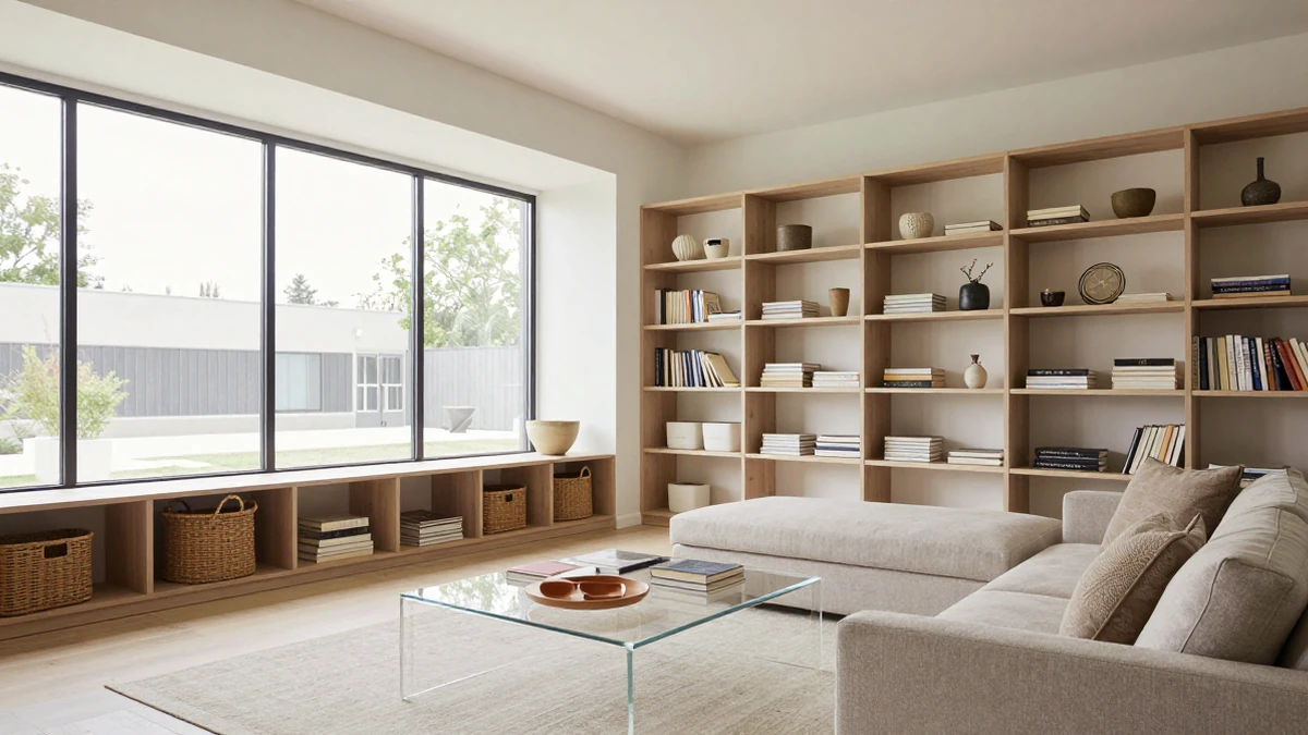 Spacious living room with coordinated storage solutions, including built‑in shelves, woven baskets, and a tidy coffee table.