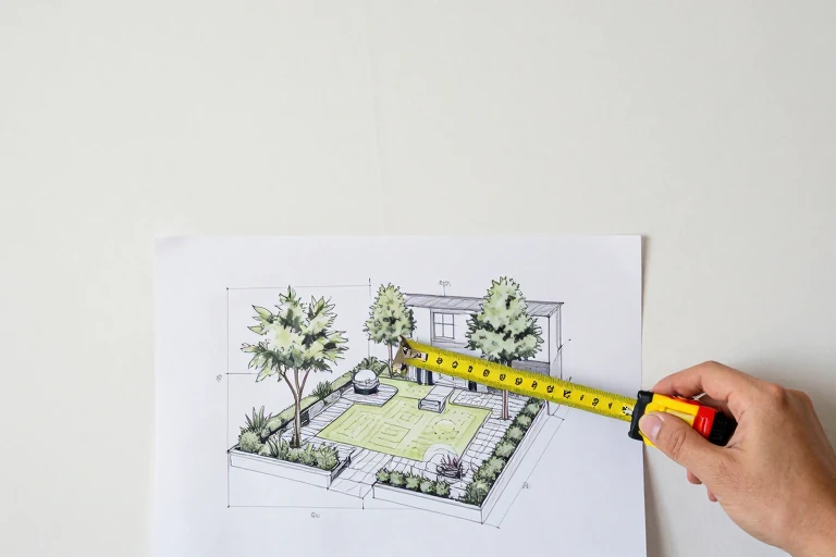Hand holding a measuring tape next to a graph paper sketch of a small garden layout.