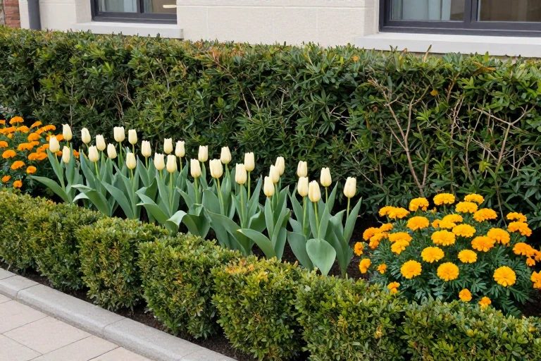 A small garden showing evergreen shrubs, spring bulbs, and summer annuals.
