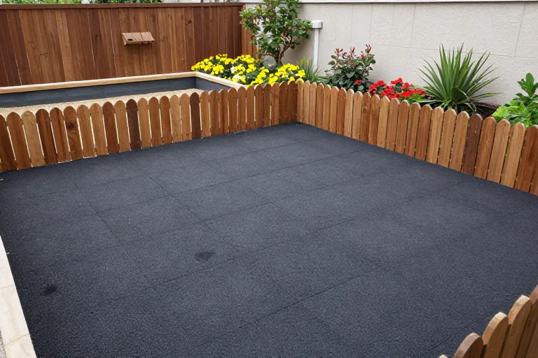 A small garden play area with rubber tiles and a low fence.