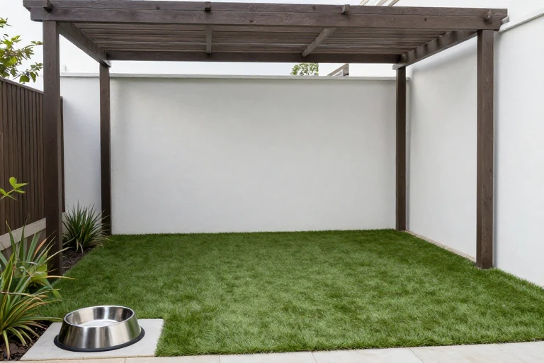A small garden area with artificial turf, a shaded pergola, and a dog water bowl.