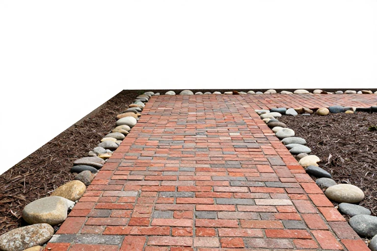 A garden path made from reclaimed bricks and river rocks.