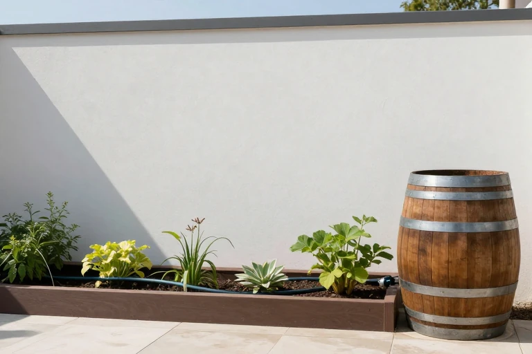 A drip‑irrigation line running through garden beds with a rain barrel.