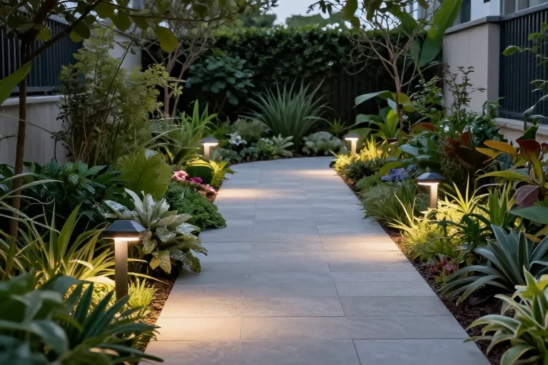 Solar LED lights lining a garden pathway at dusk.