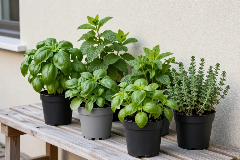 A row of herb containers with basil, mint, and thyme.