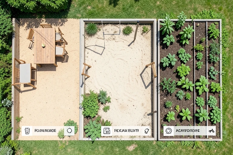 A small garden layout with colored zones labeled for dining, play, and planting.