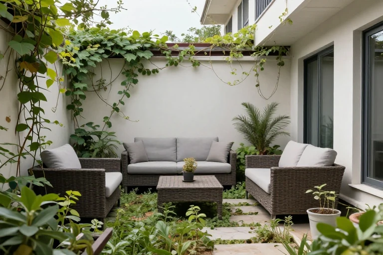 A cluttered small garden with oversized furniture and overgrown weeds.