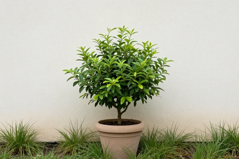 A striking potted ornamental plant placed at the center of a small garden.