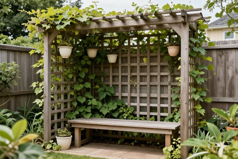 A trellis against a fence with climbing vines and hanging pots.