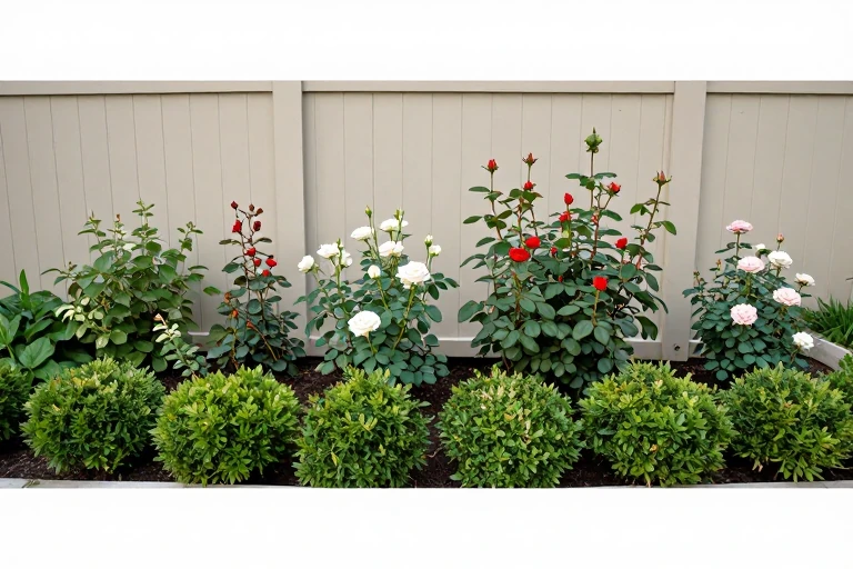 A cluster of dwarf boxwood shrubs and mini roses in a small garden bed.