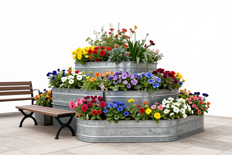 Stacked tiered containers holding colorful annuals on a patio.