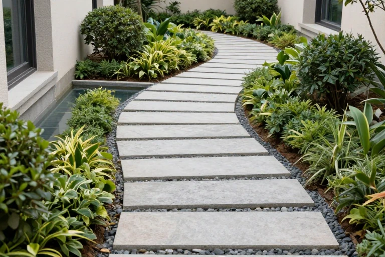 A narrow stepping‑stone path winding through a small garden.