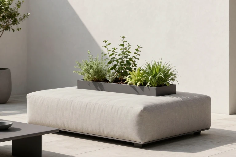 An ottoman with a built‑in planter on a small patio.