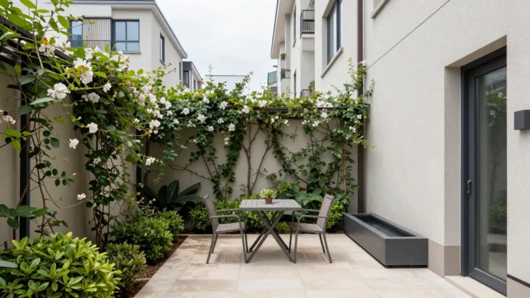 A narrow urban backyard transformed with vertical trellis, dwarf shrubs, and a compact bistro set, showing a spacious feel despite limited dimensions.