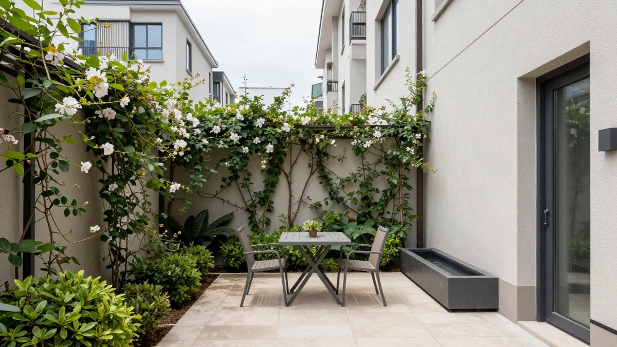 A narrow urban backyard transformed with vertical trellis, dwarf shrubs, and a compact bistro set, showing a spacious feel despite limited dimensions.