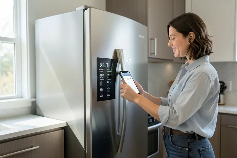 Smart refrigerator display showing temperature controls and a voice assistant icon