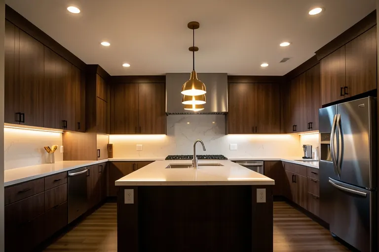 Kitchen with under‑cabinet LED strips and pendant lights over island
