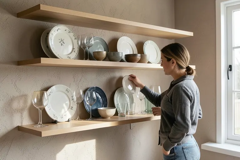Open wooden shelves displaying curated dishware