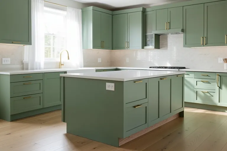 Kitchen with sage green lower cabinets and white countertops