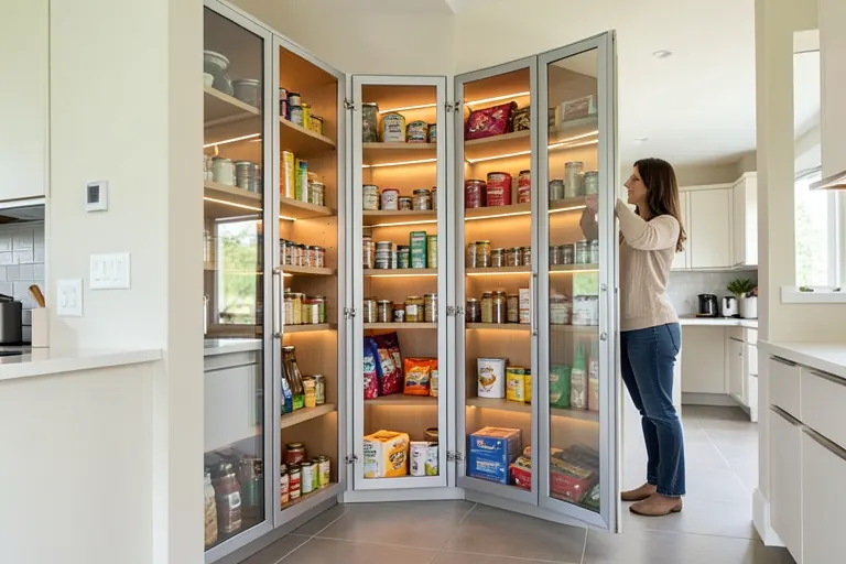 Walk‑in pantry with glass‑front cabinets and LED lighting
